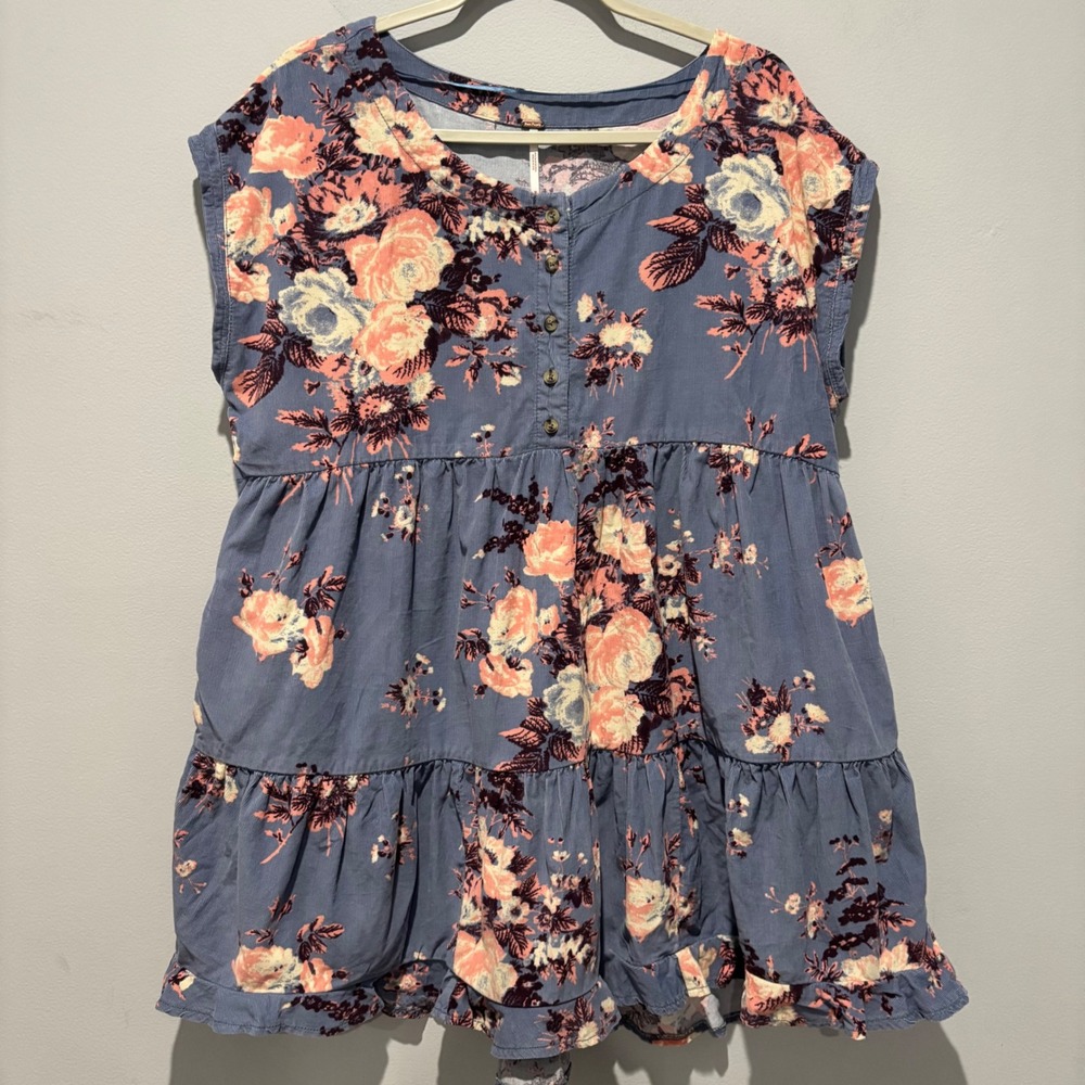 Free People‎ Floral  Babydoll Tunic Top Blue Pink Tiered Sleeveless Medium
